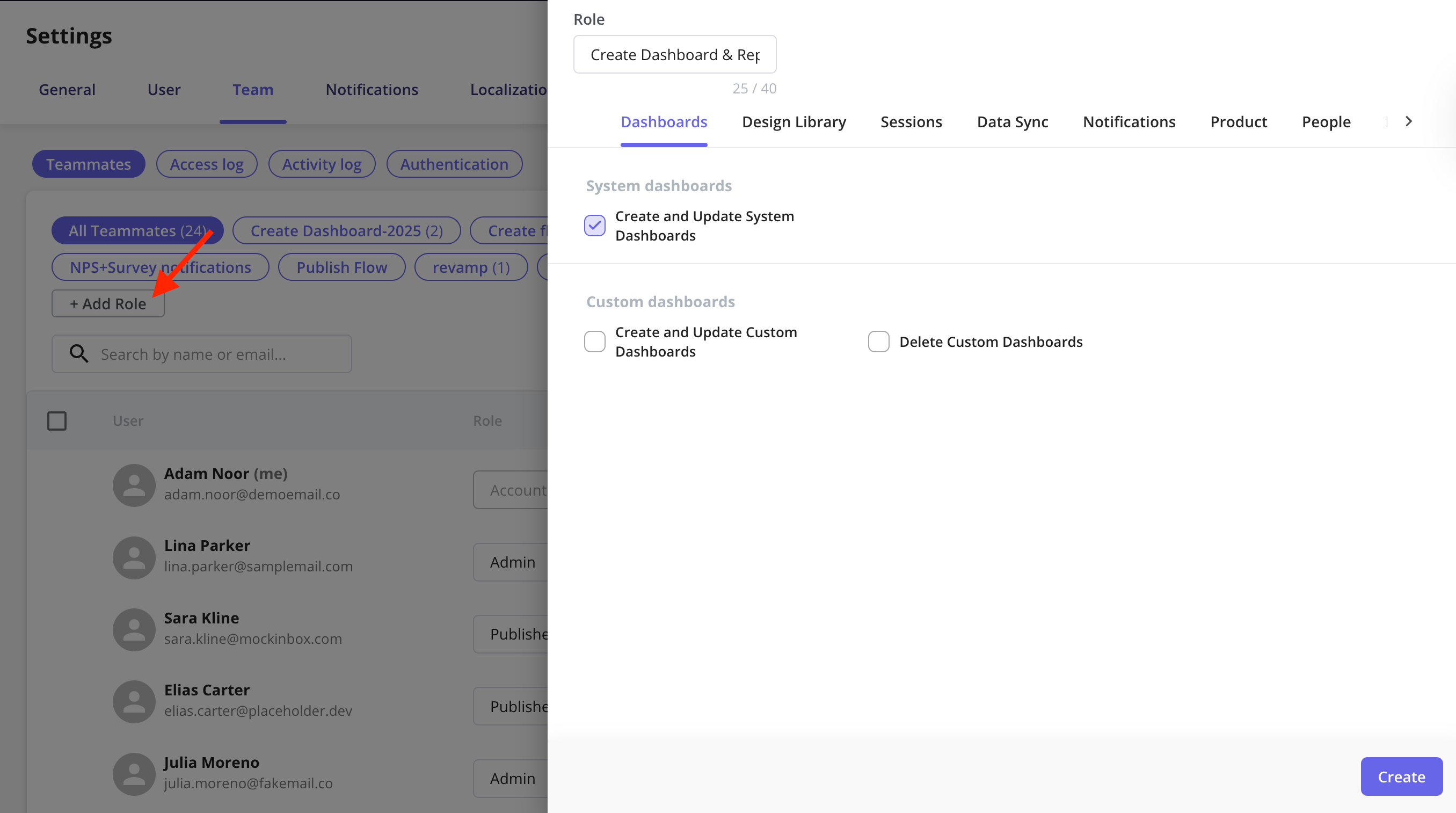 Create Role panel showing permission options