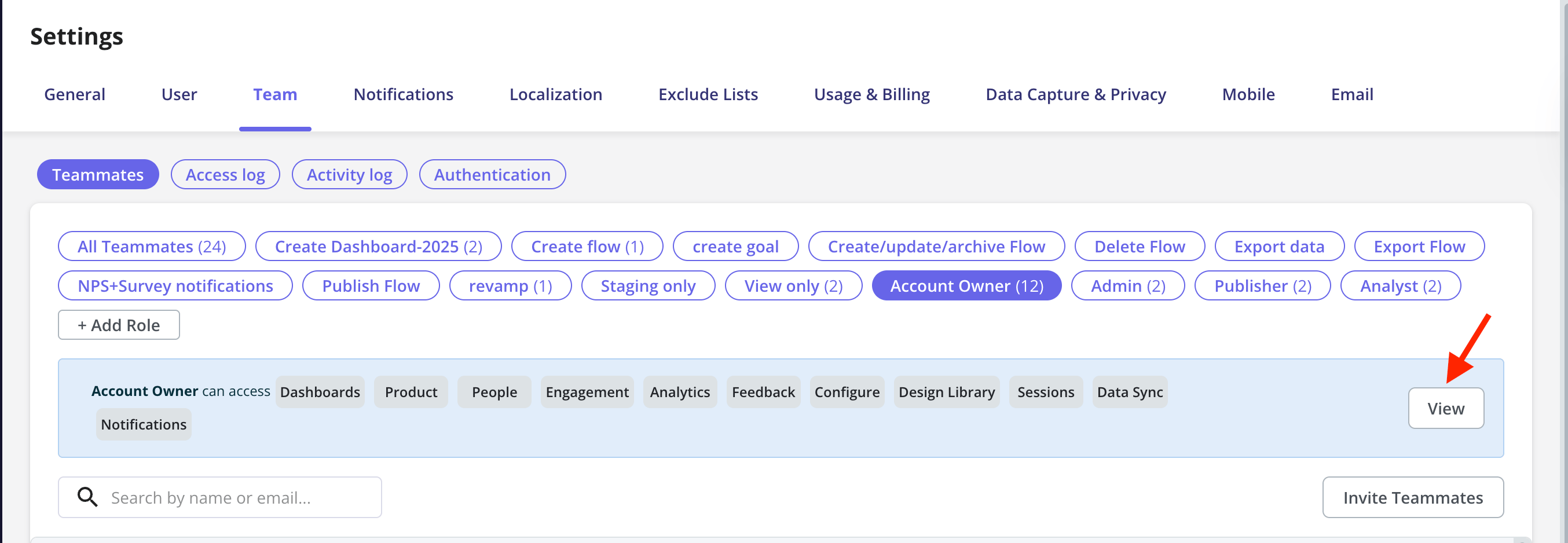 View button for an existing role's permissions