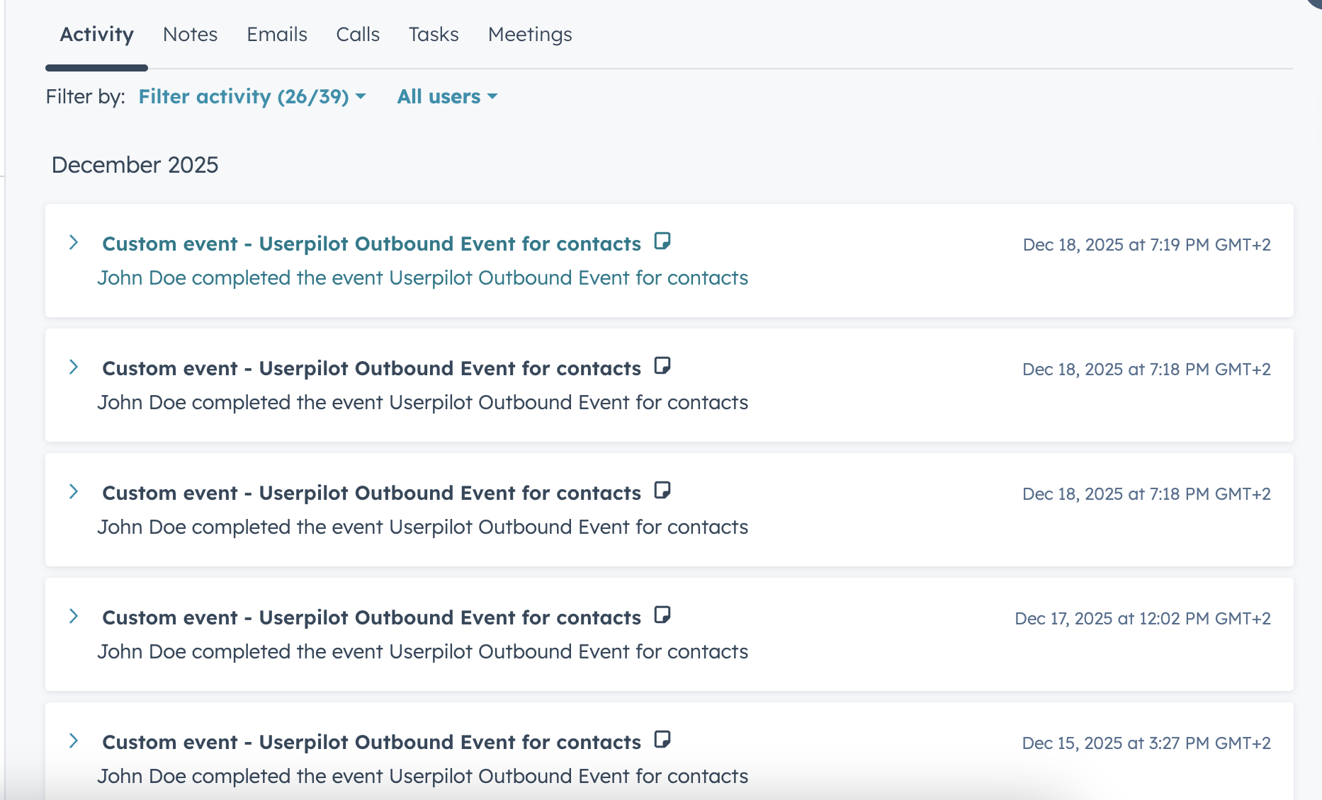 HubSpot contact Activity tab showing a synced Userpilot custom event