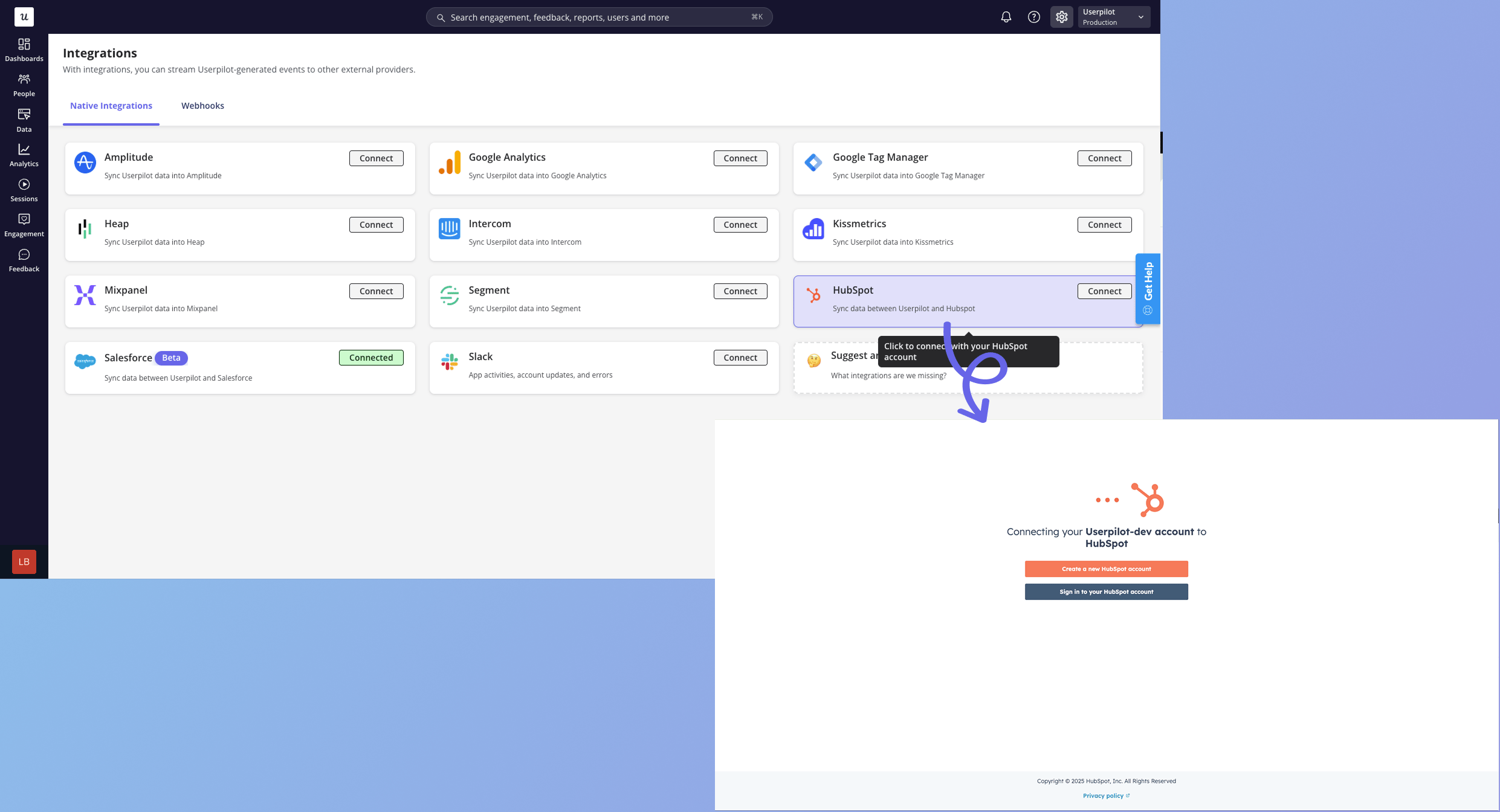 HubSpot integration tile with the sign-in prompt to connect an account
