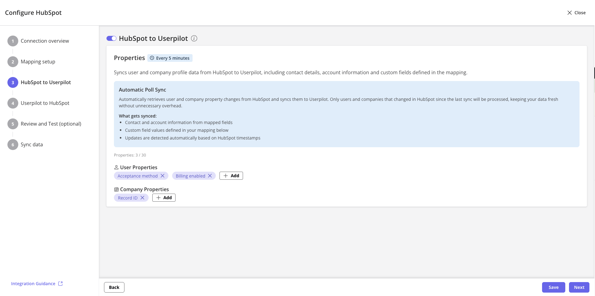 HubSpot to Userpilot properties sync settings