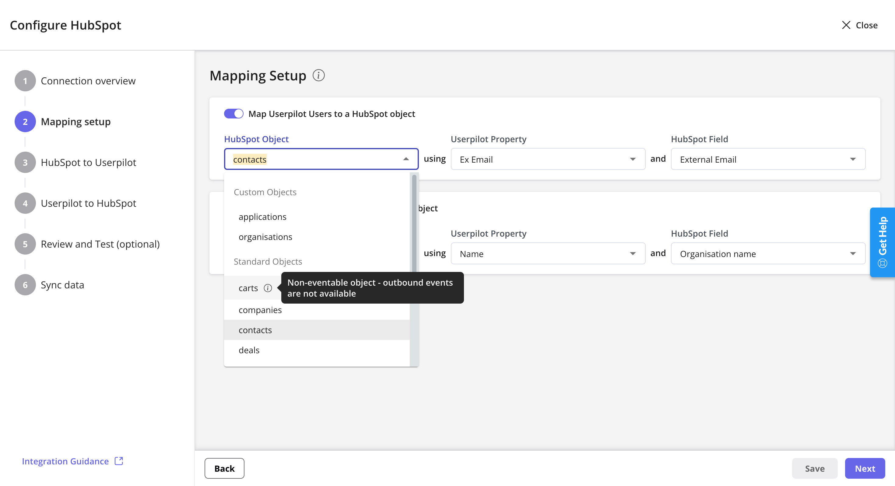 Mapping setup step showing the HubSpot object selection dropdown