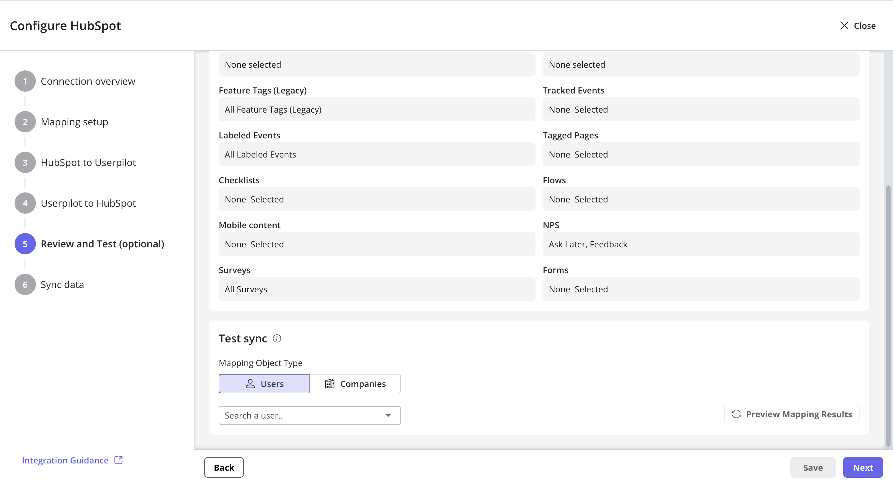 Review and Test step showing mapped properties and the test sync panel