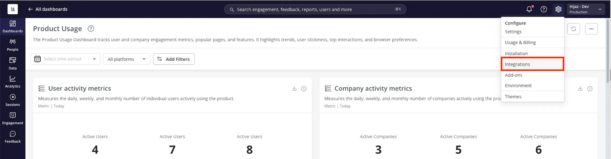 Settings menu with the Integrations option highlighted