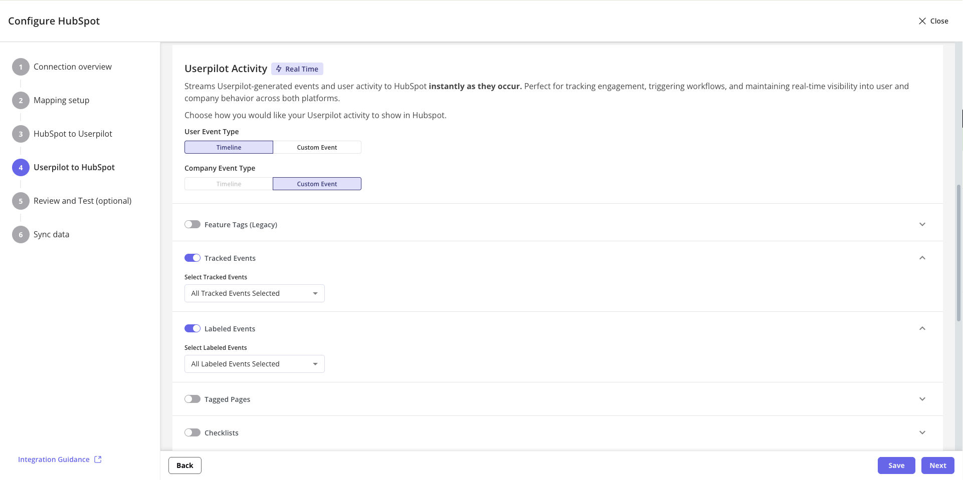 Userpilot to HubSpot event type settings, including Tracked and Labeled Events