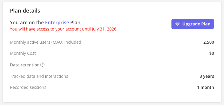 Data retention section on the Plan details card