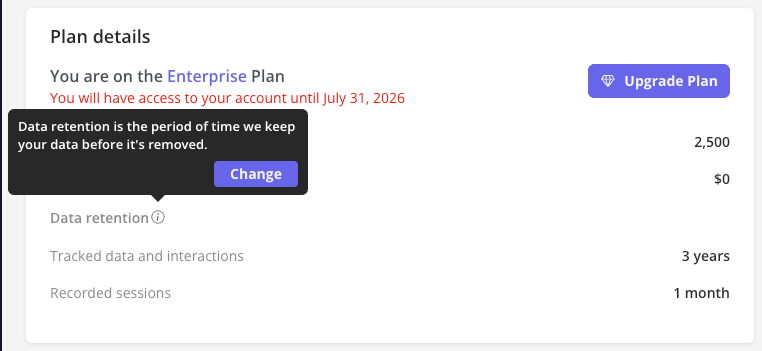 Data retention tooltip with Change button