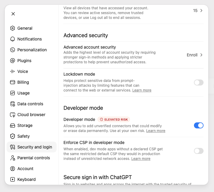 Turning on developer mode in ChatGPT settings