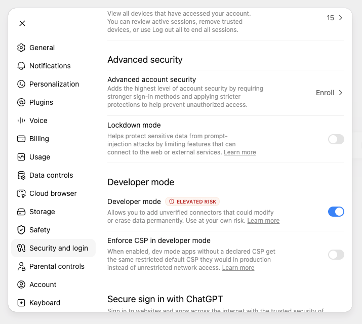 Turning on developer mode in ChatGPT settings