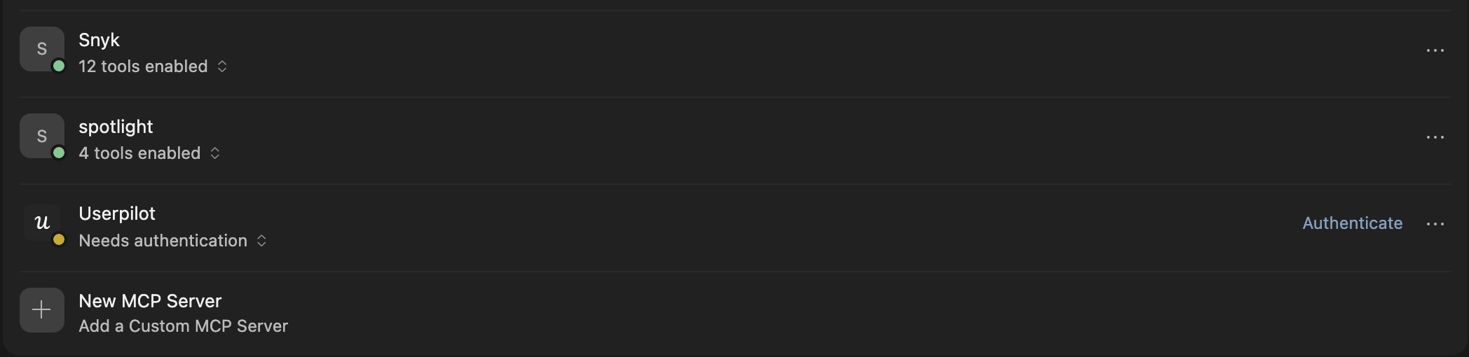 The Userpilot server listed in Cursor's MCP settings
