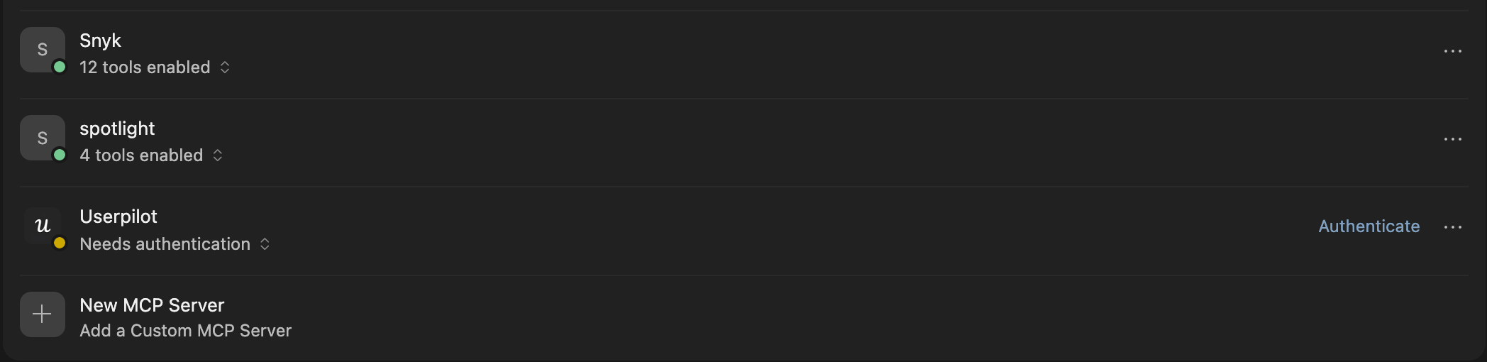The Userpilot server listed in Cursor's MCP settings