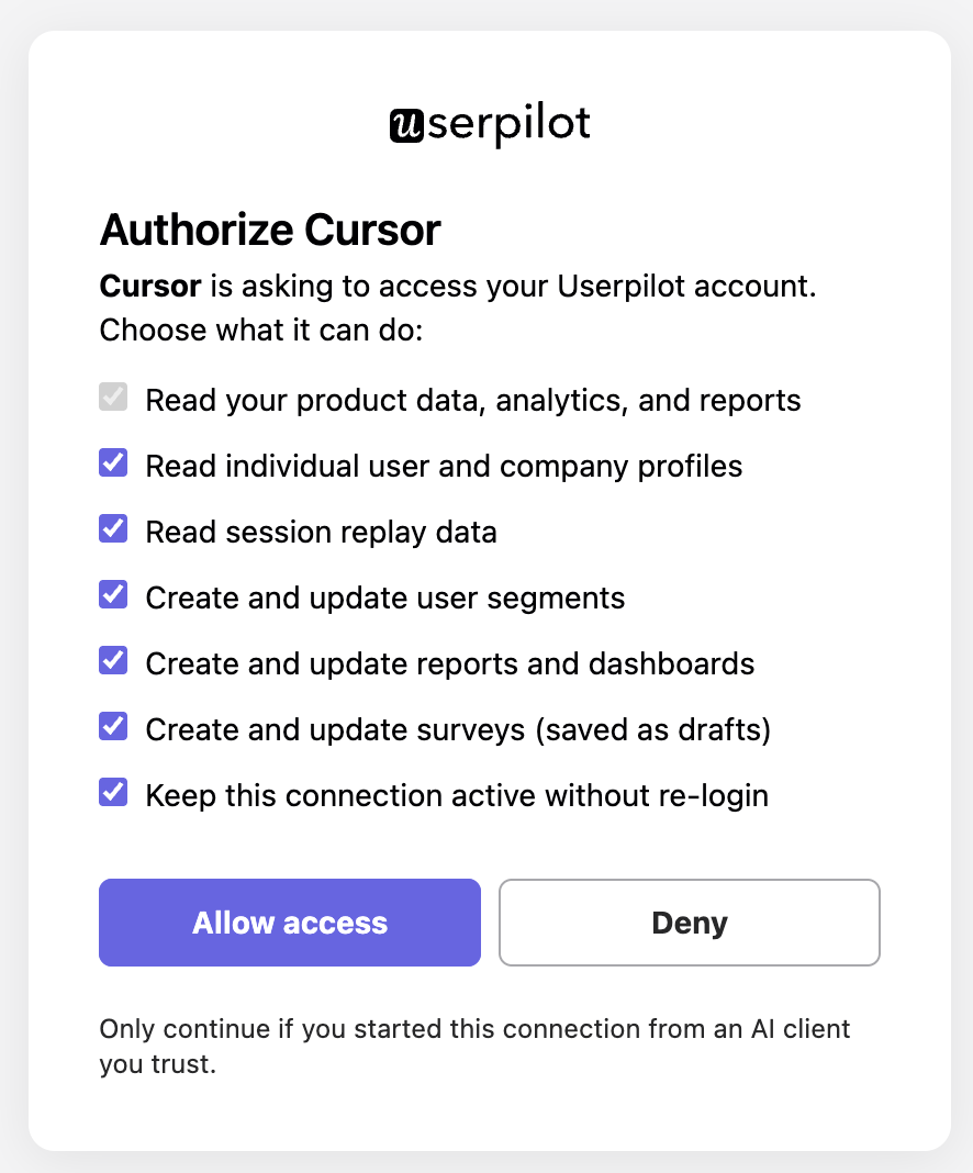 Choosing Userpilot permissions when connecting from Cursor