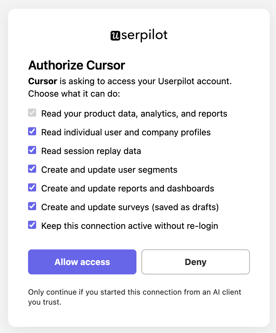 Choosing Userpilot permissions when connecting from Cursor