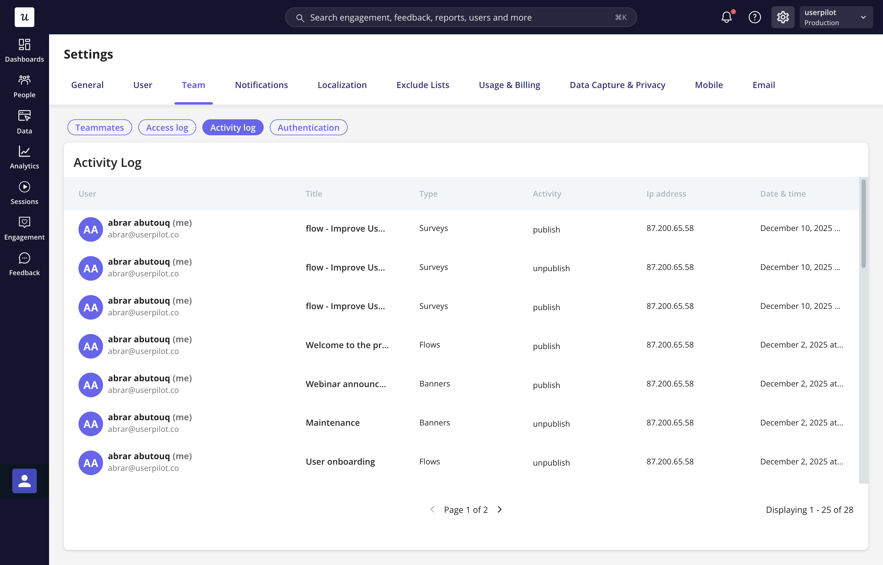 Screencapture Run Userpilot Io Settings Team Activity Log 2025 12 11 22 15 56 Pn
