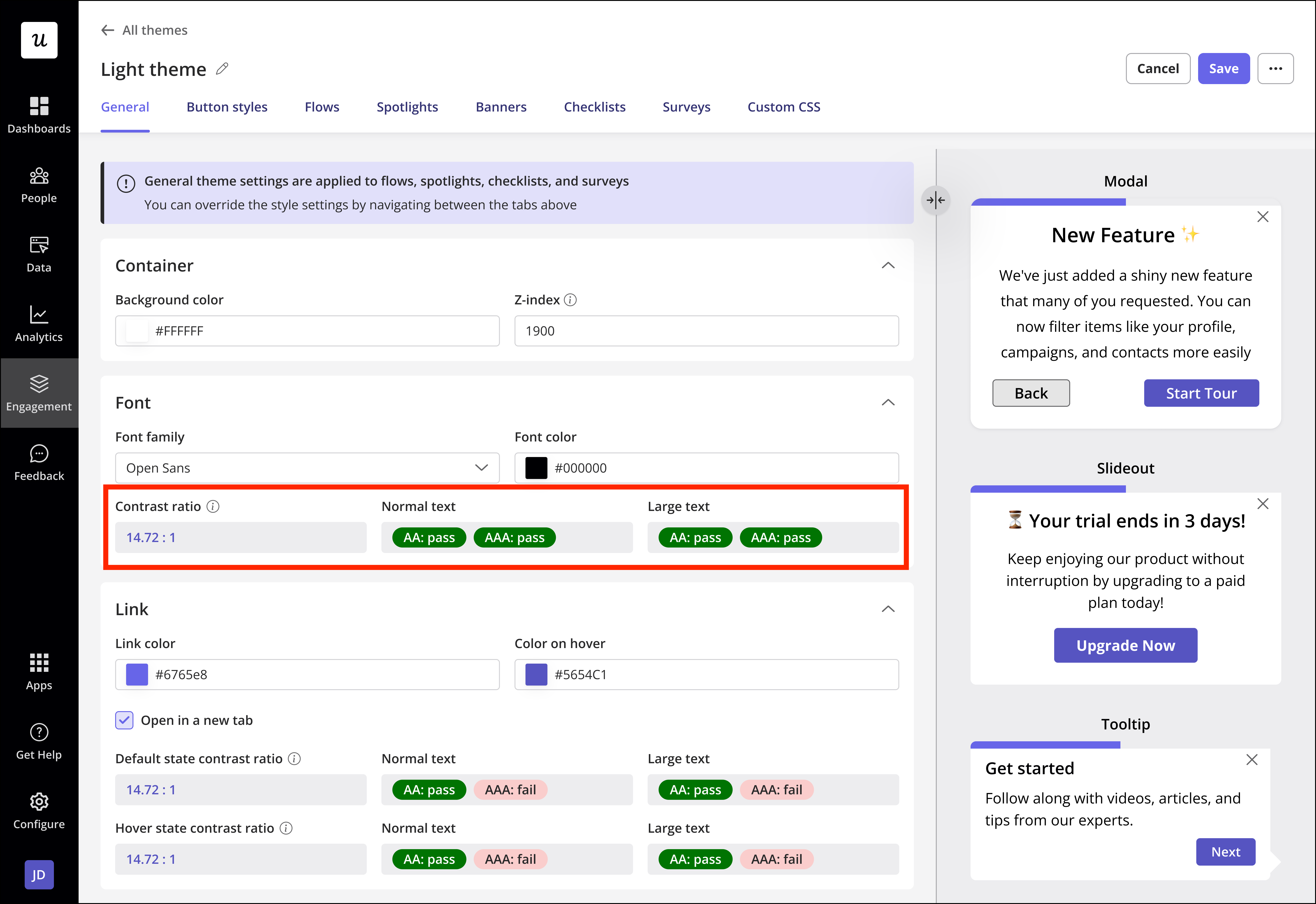 Theme editor showing font contrast ratio and WCAG pass/fail indicators