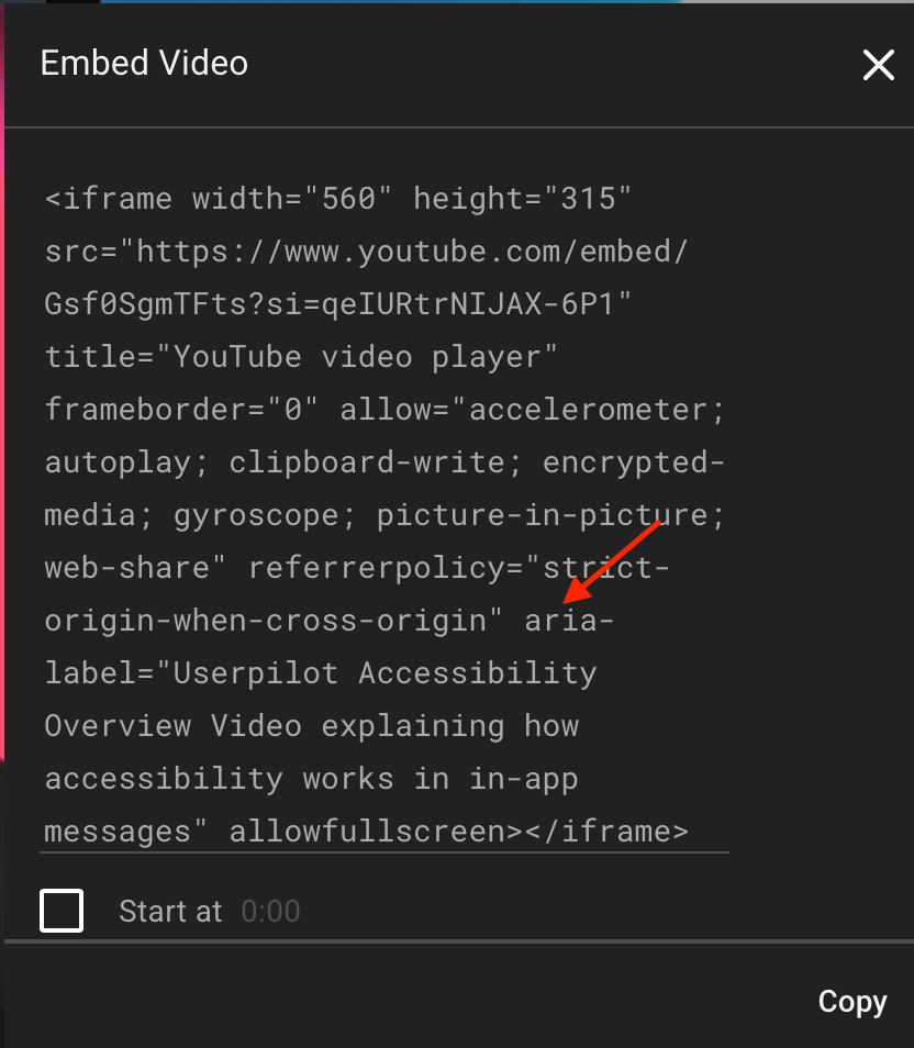 Embed Video dialog with an aria-label describing the video for screen readers