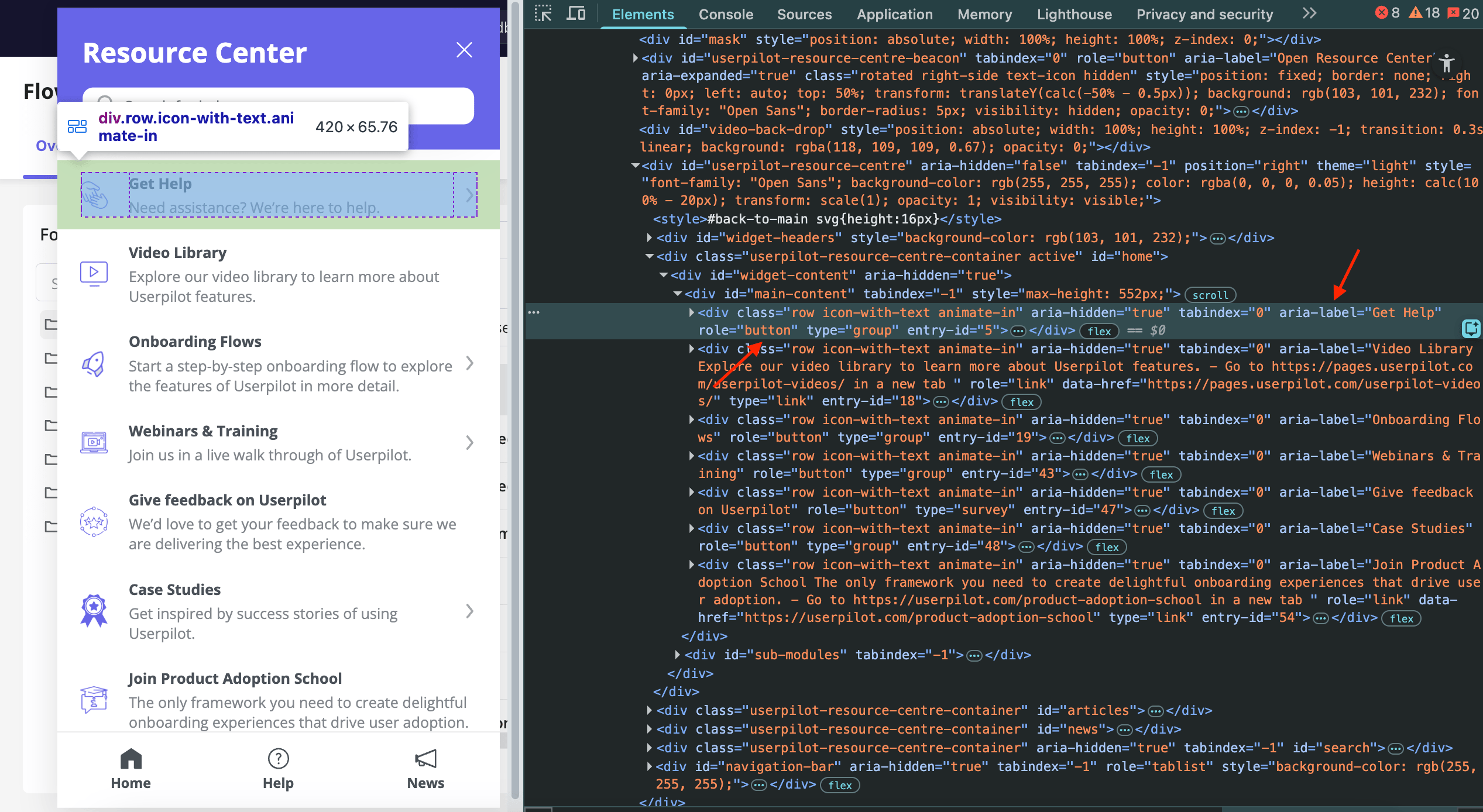 Resource Center widget with corresponding ARIA roles and labels shown in DevTools