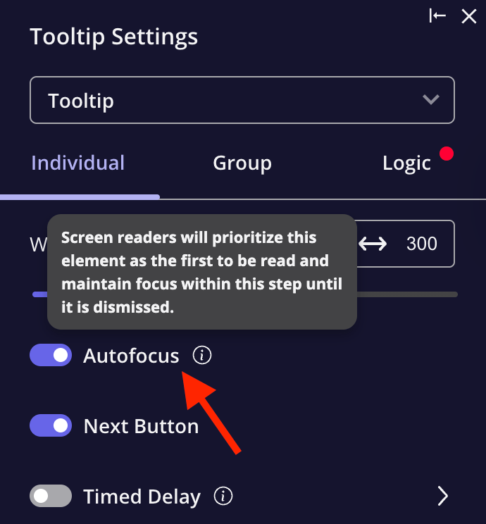 Tooltip settings with the autofocus toggle enabled