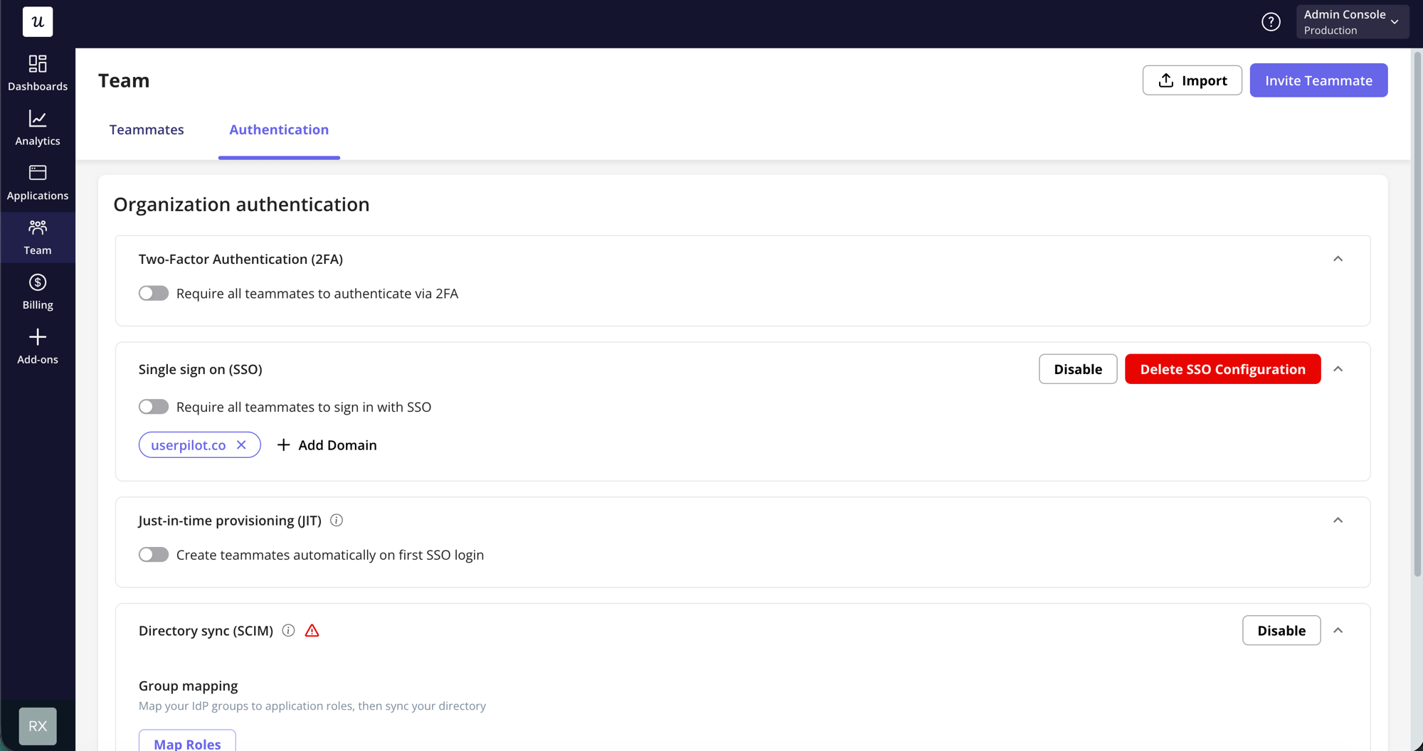Organization authentication page showing SSO, JIT, and SCIM