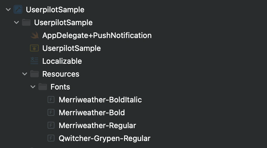 Fonts are added to the Xcode project for the app