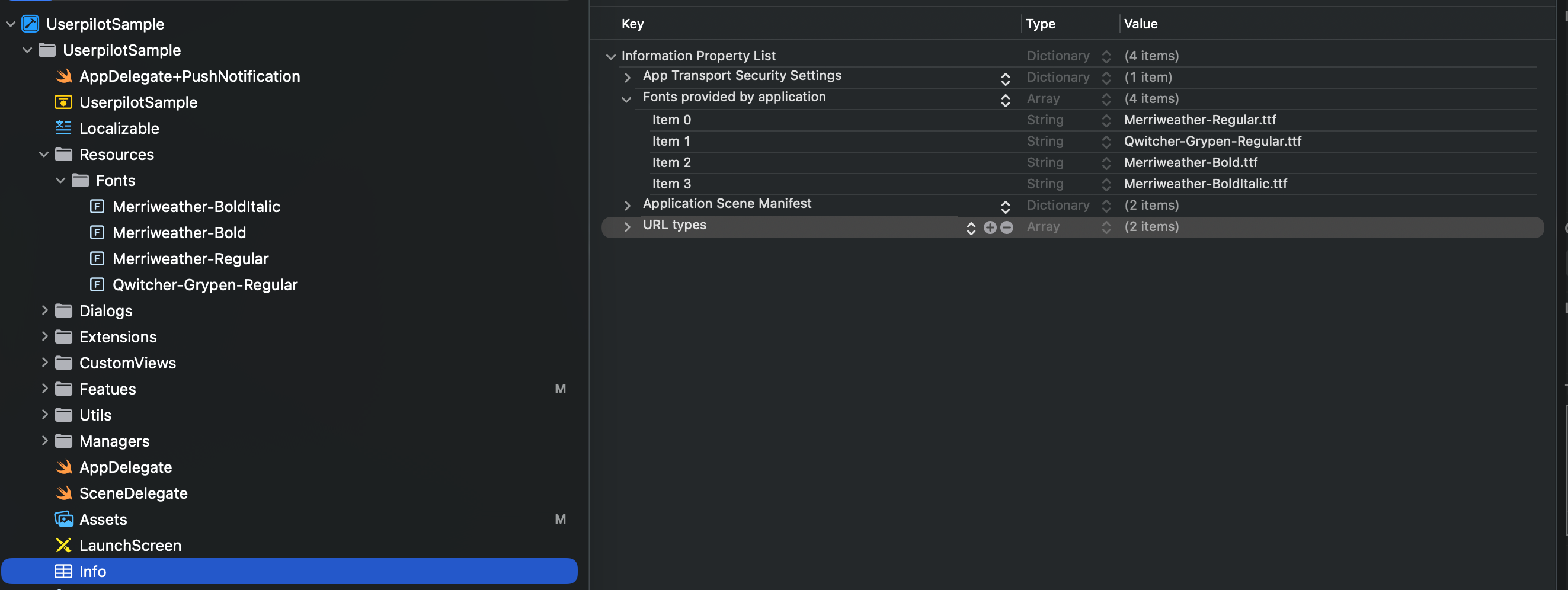 Font files are included in the Info.plist for the app