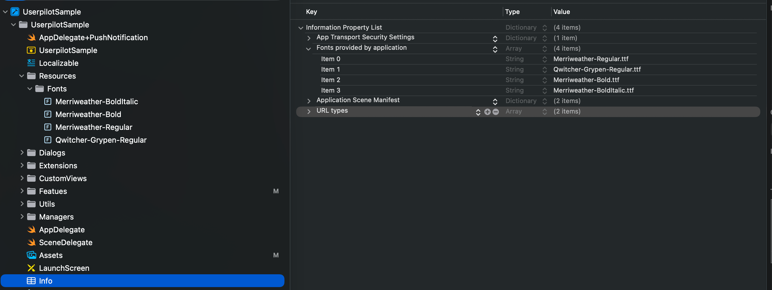Font files are included in the Info.plist for the app