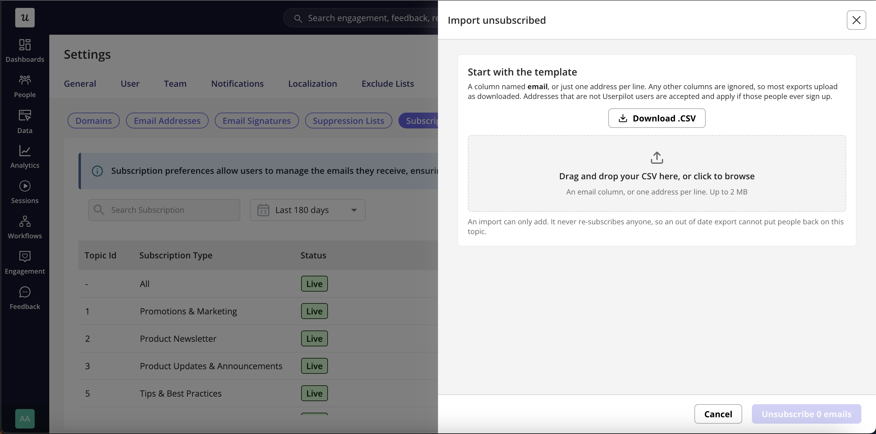 Import panel with the template download and the file dropzone