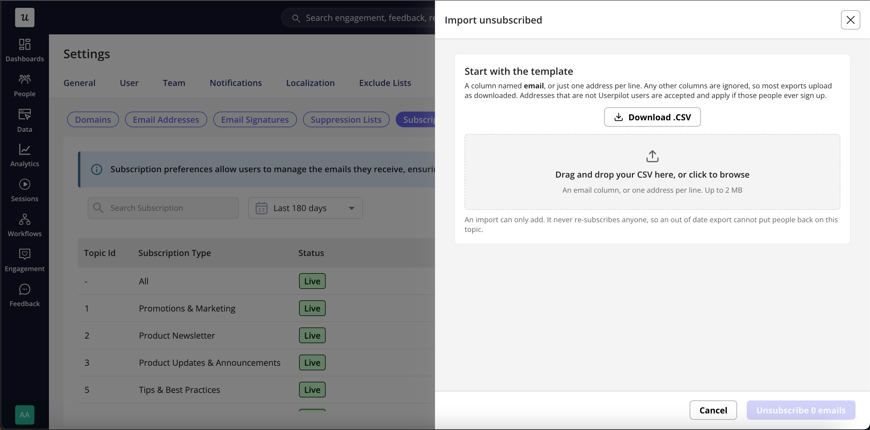 Import panel with the template download and the file dropzone