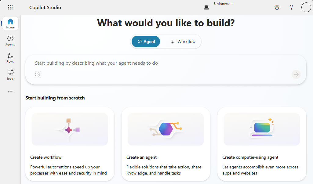 Creating a new agent from Copilot Studio's Home page