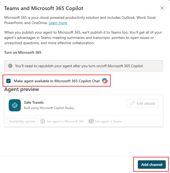 Enabling the Teams and Microsoft 365 Copilot channel for the agent