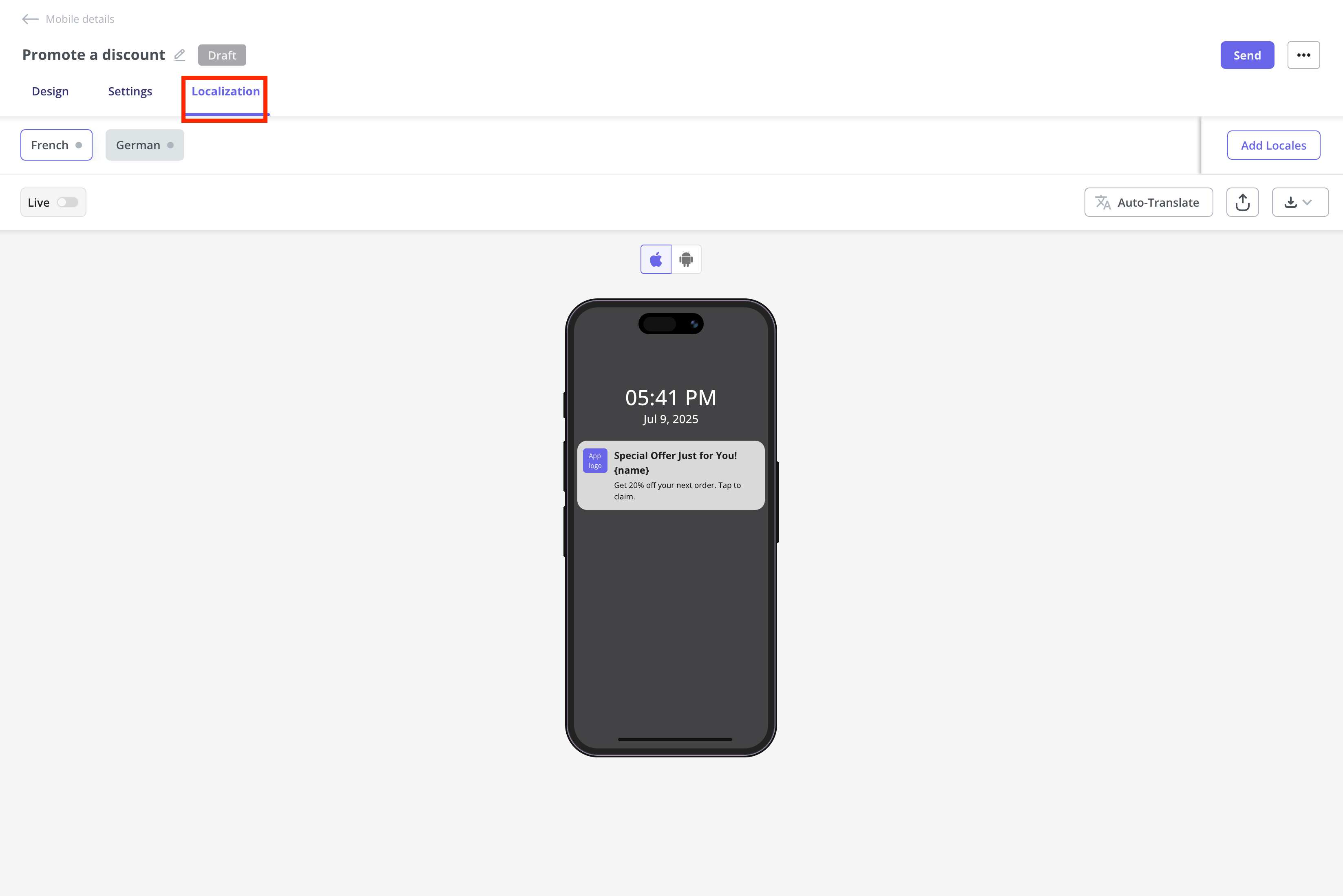 Push notification localization tab