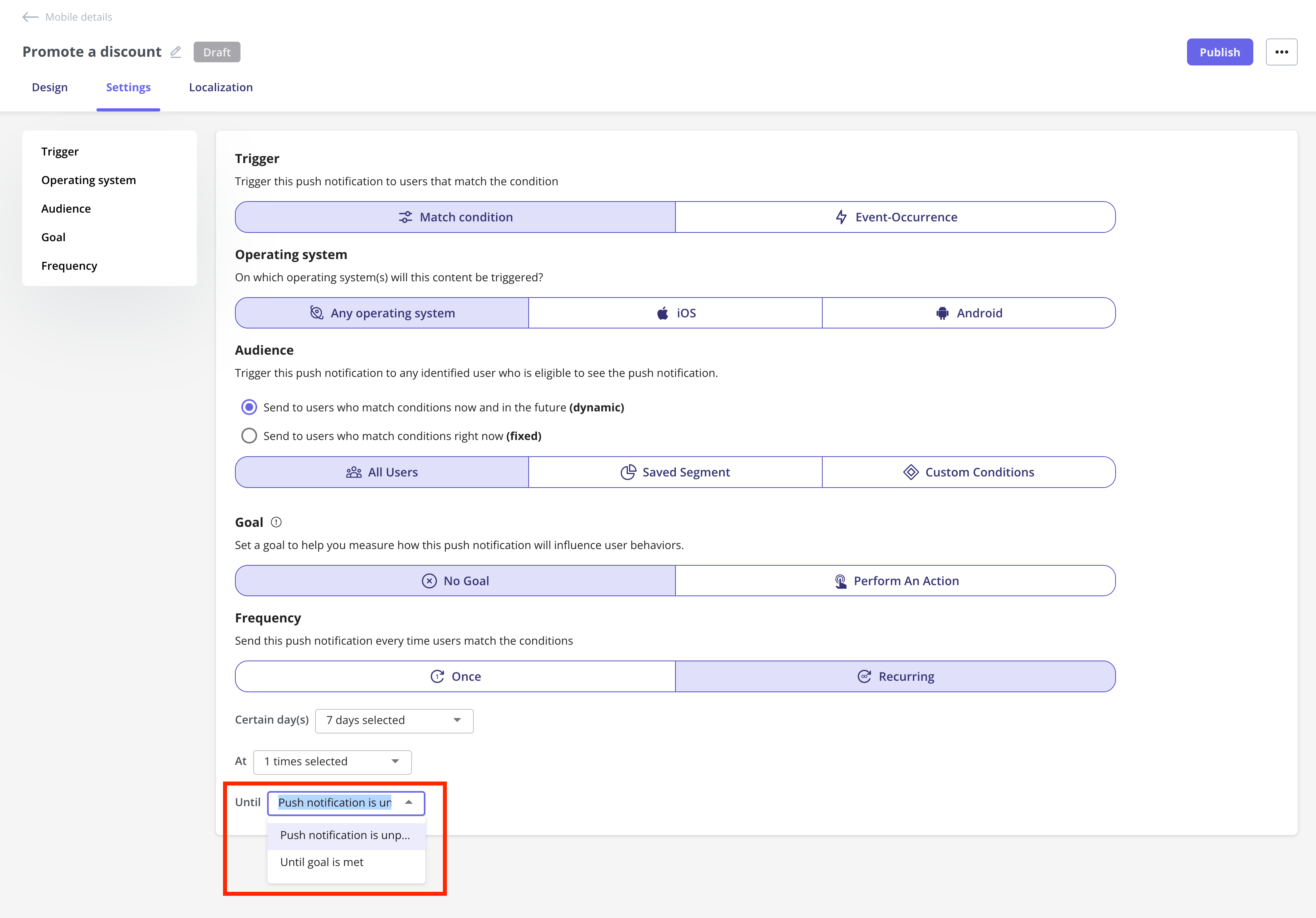 Push notification recurring stop conditions