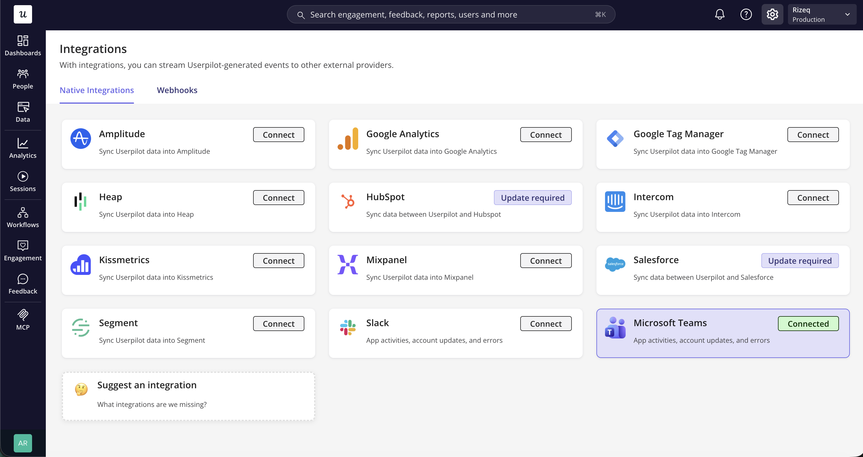 The Microsoft Teams integration shown as connected in Userpilot