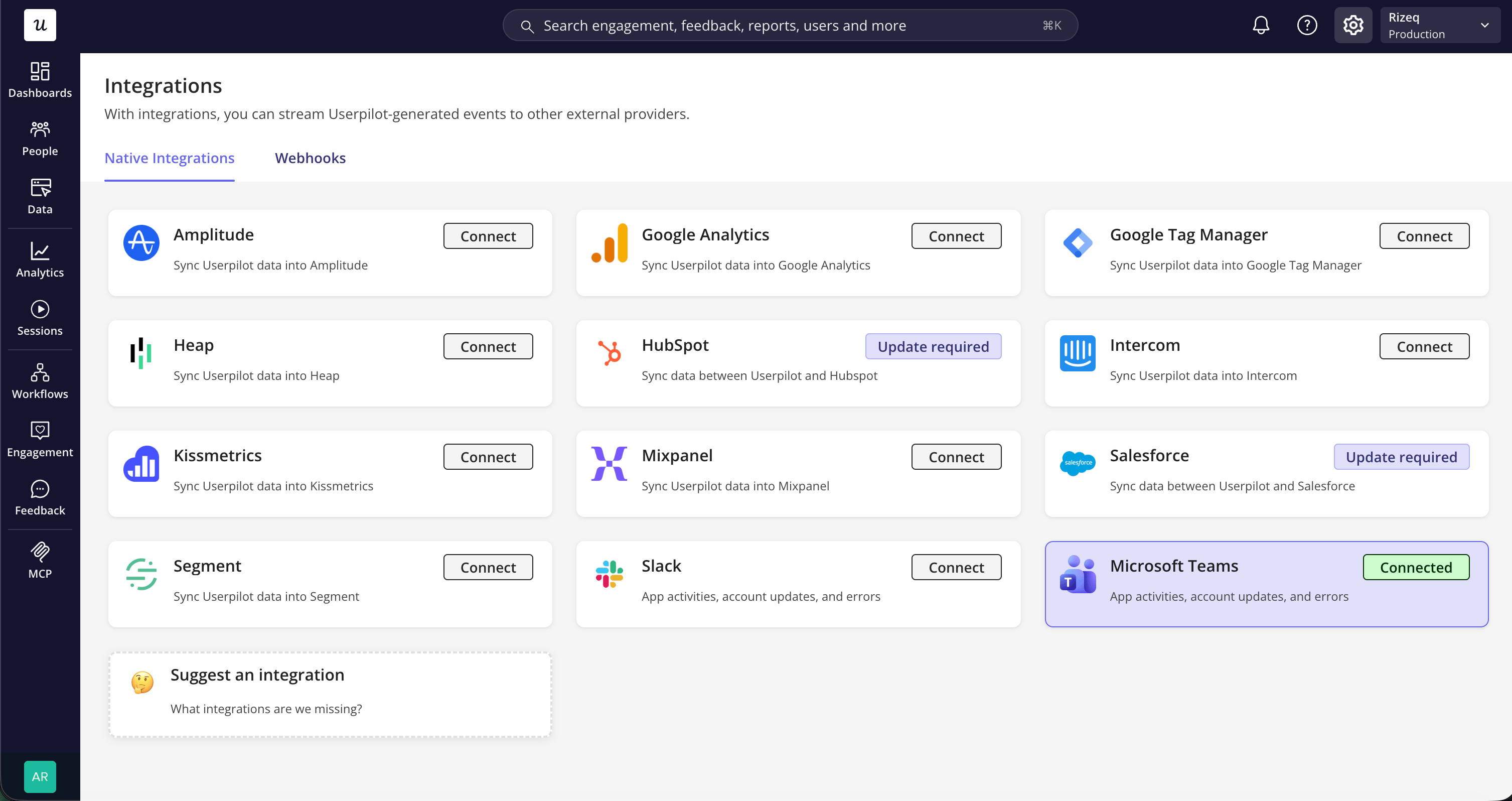 The Microsoft Teams integration shown as connected in Userpilot