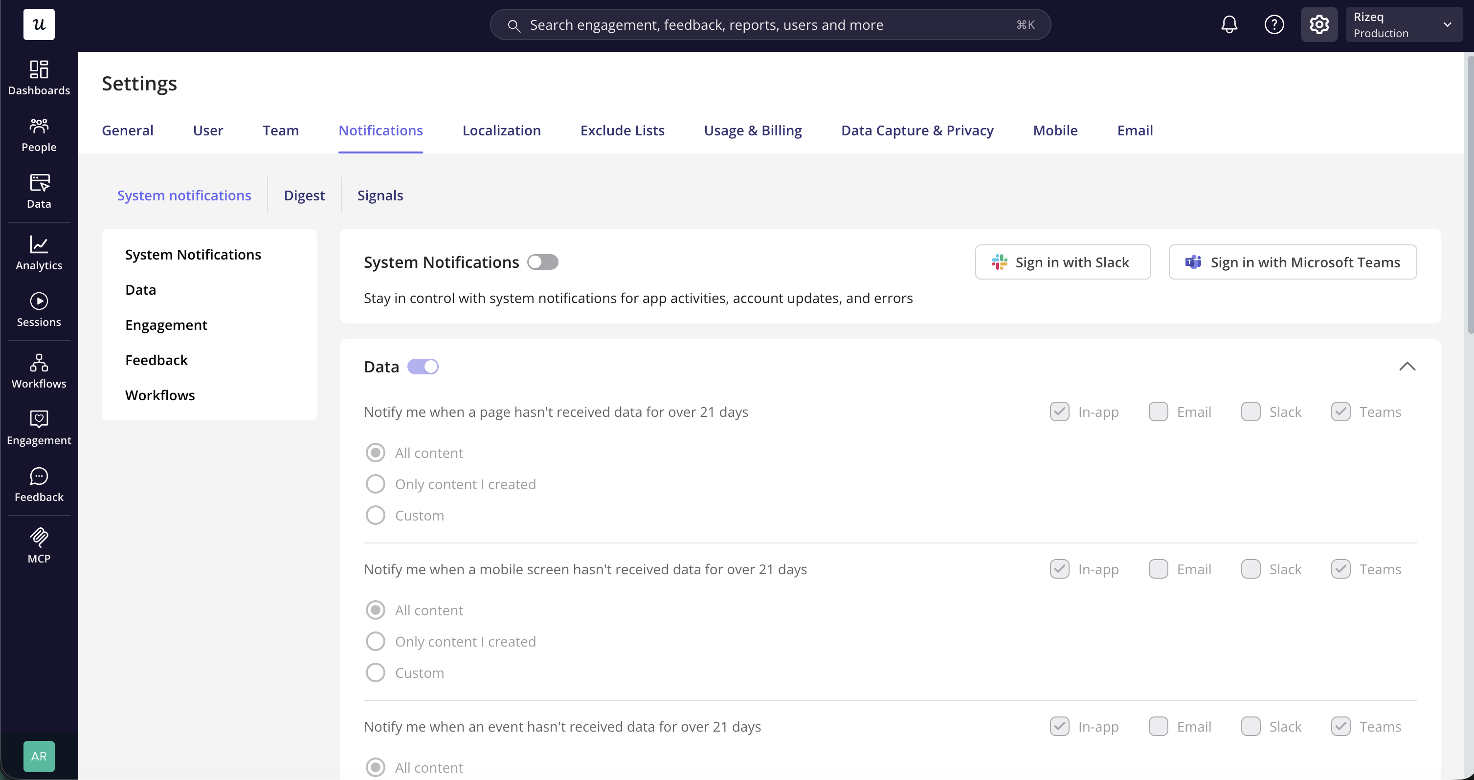 The Userpilot system notifications settings page with the Sign in with Microsoft Teams button