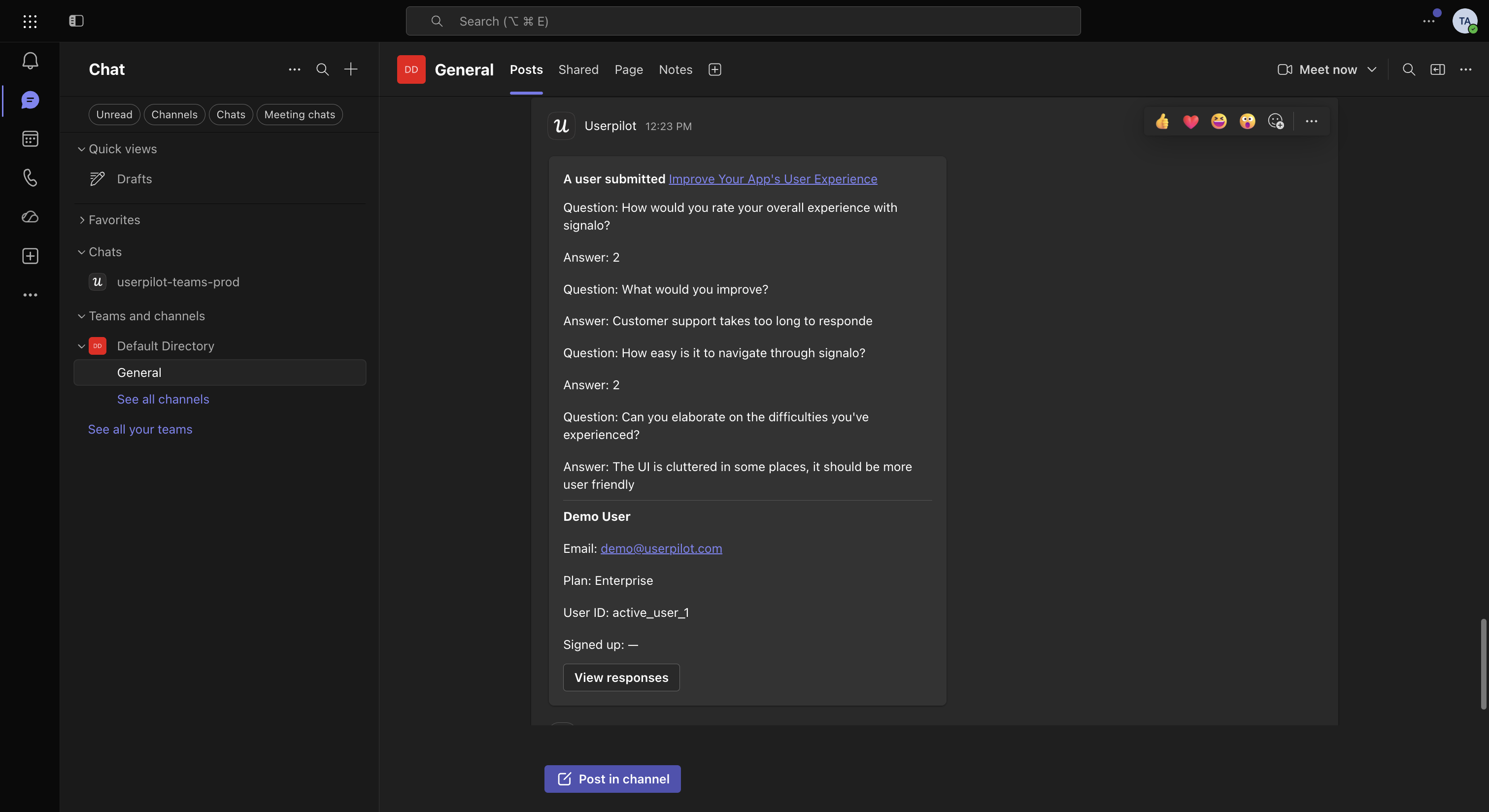 A survey response delivered by the Userpilot bot in Microsoft Teams