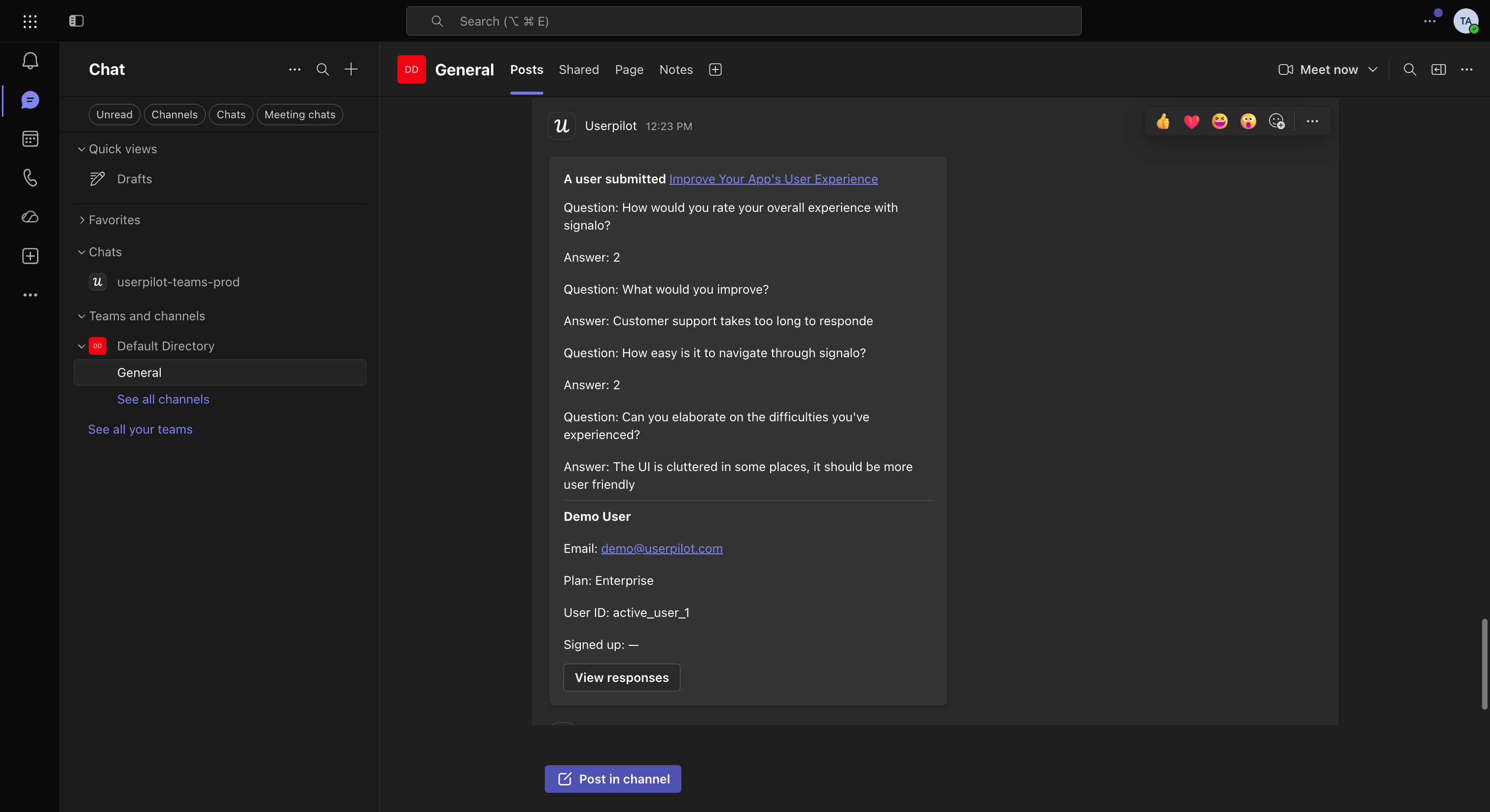 A survey response delivered by the Userpilot bot in Microsoft Teams