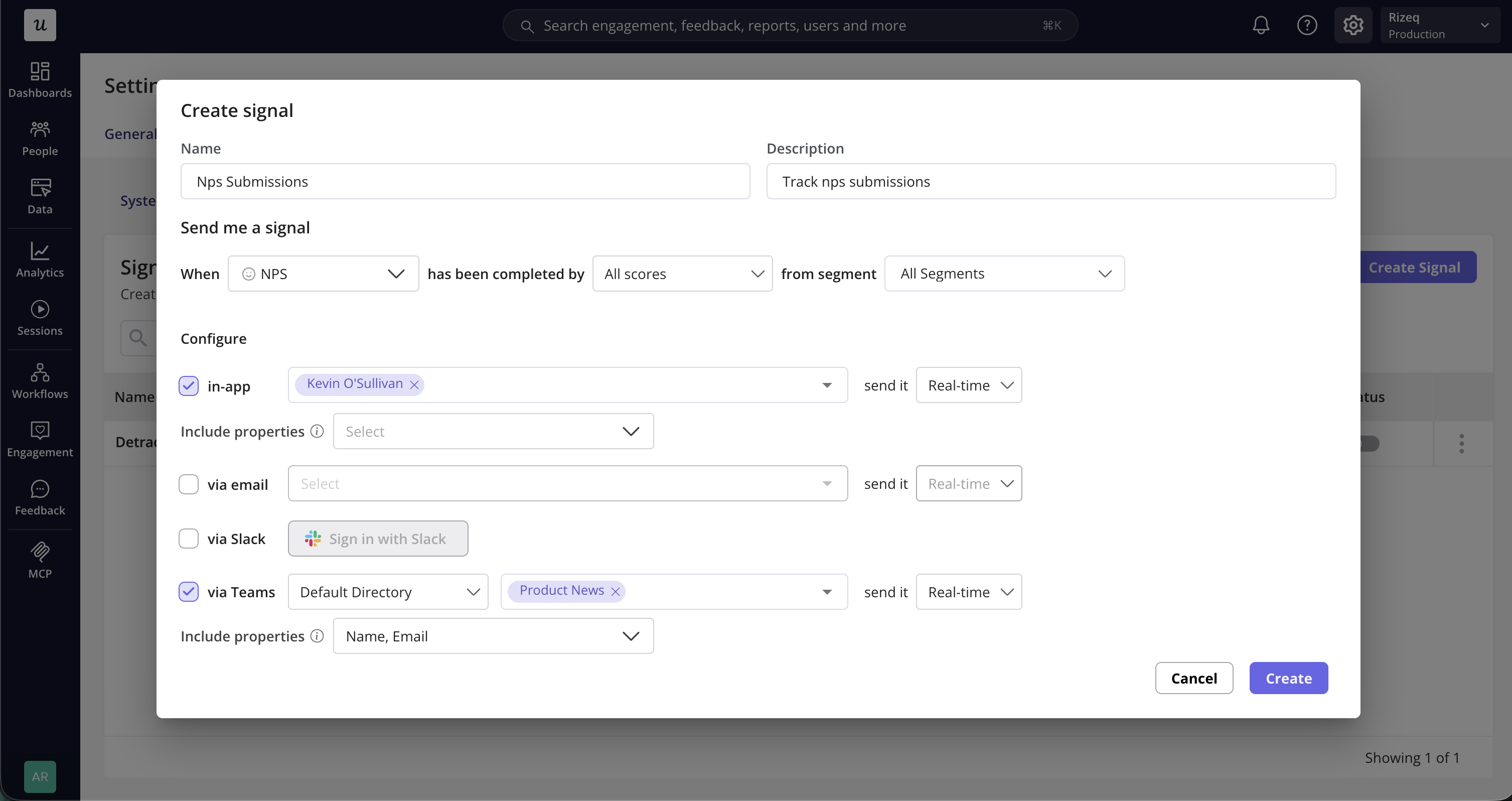 The Create signal dialog with via Teams selected, the Default Directory team, the Product News channel, and a Real-time cadence