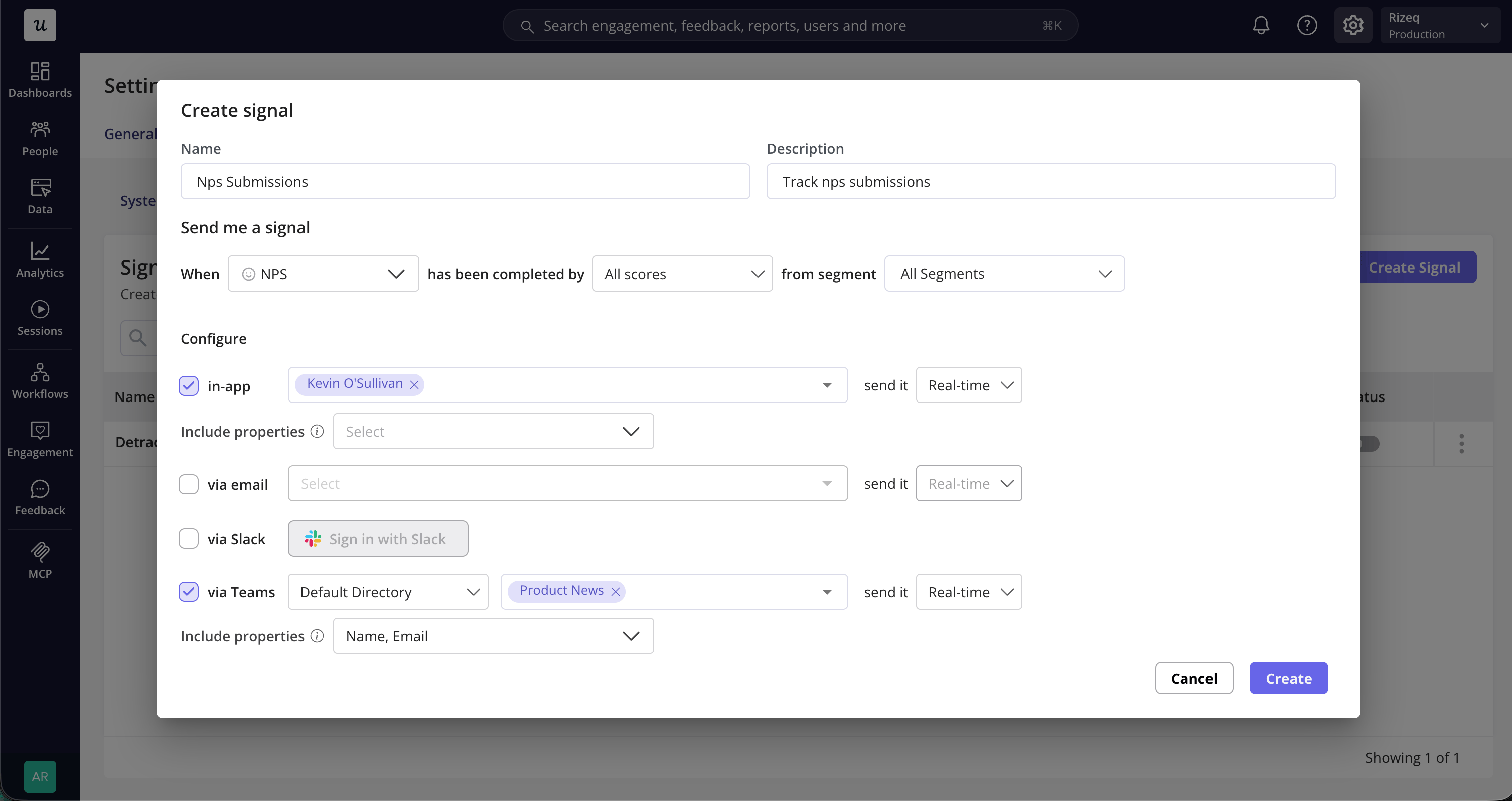 The Create signal dialog with via Teams selected, the Default Directory team, the Product News channel, and a Real-time cadence