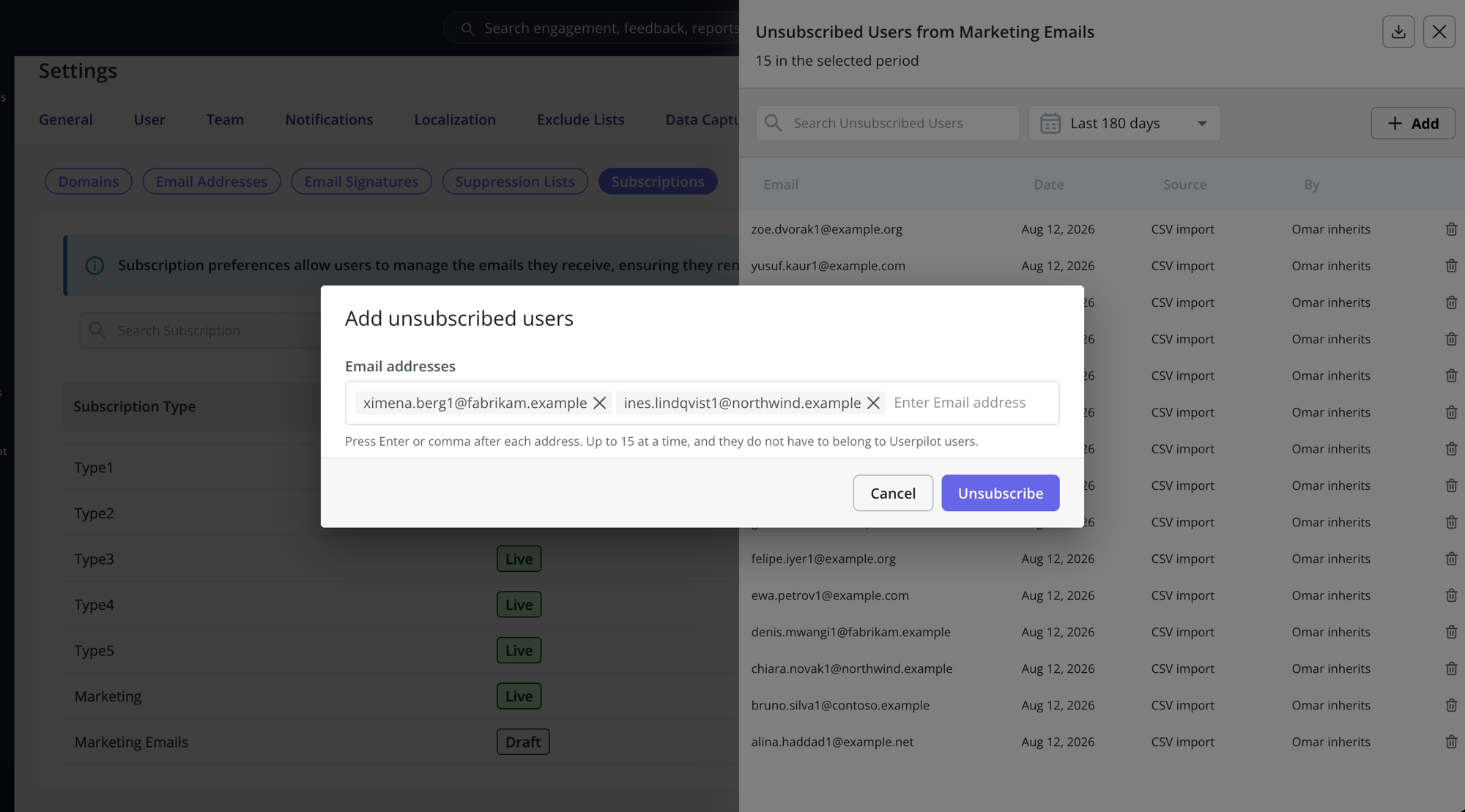 Adding addresses to an unsubscribed list by hand