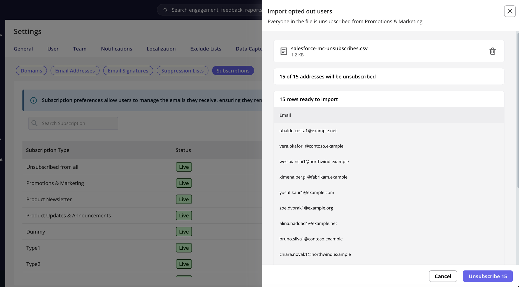 Import preview listing the rows ready to import