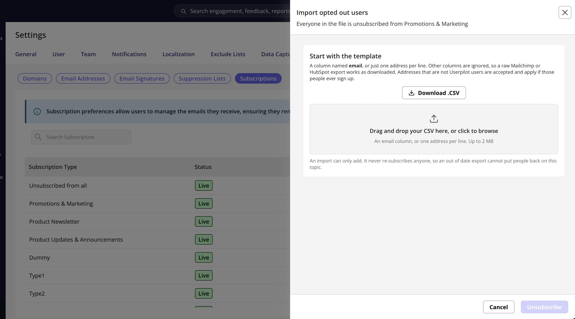 Import panel with the template download and the file dropzone
