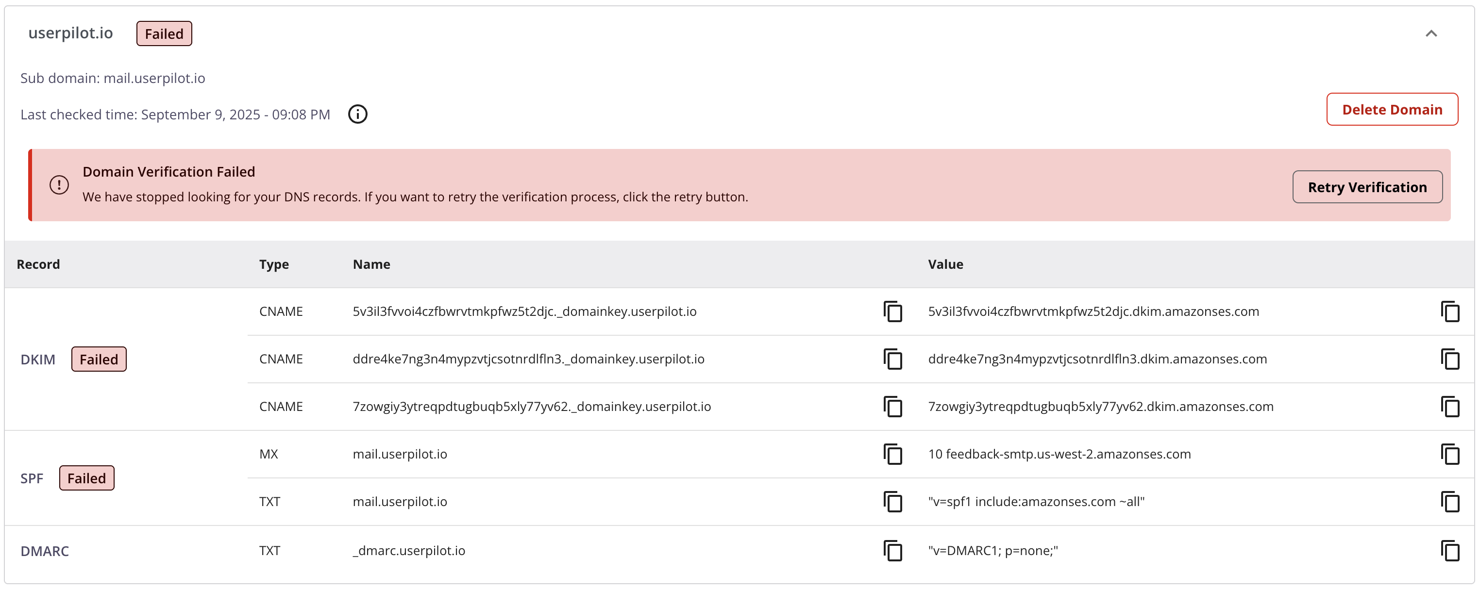 Domain failed authentication status