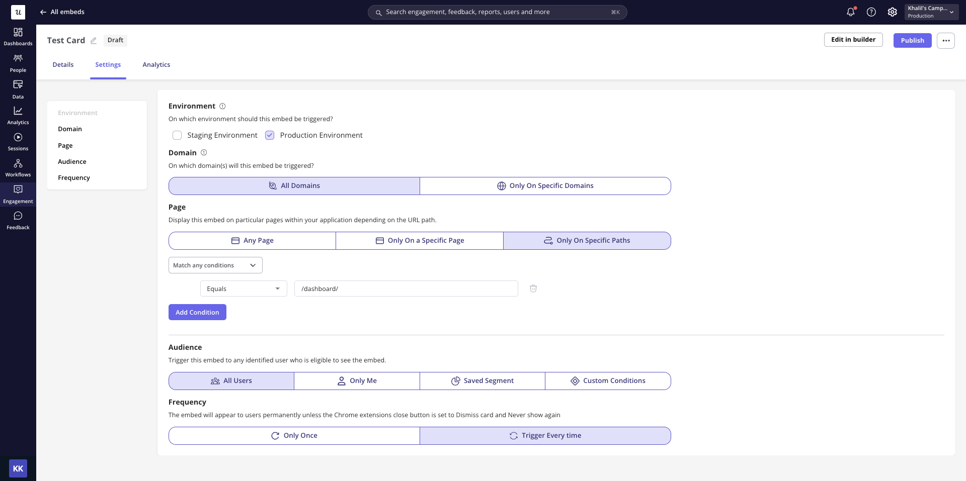 Card targeting and settings