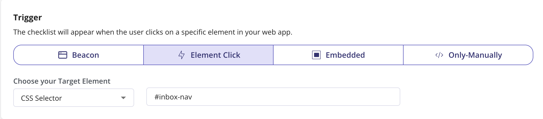 Pasting the CSS selector in the Checklist trigger settings