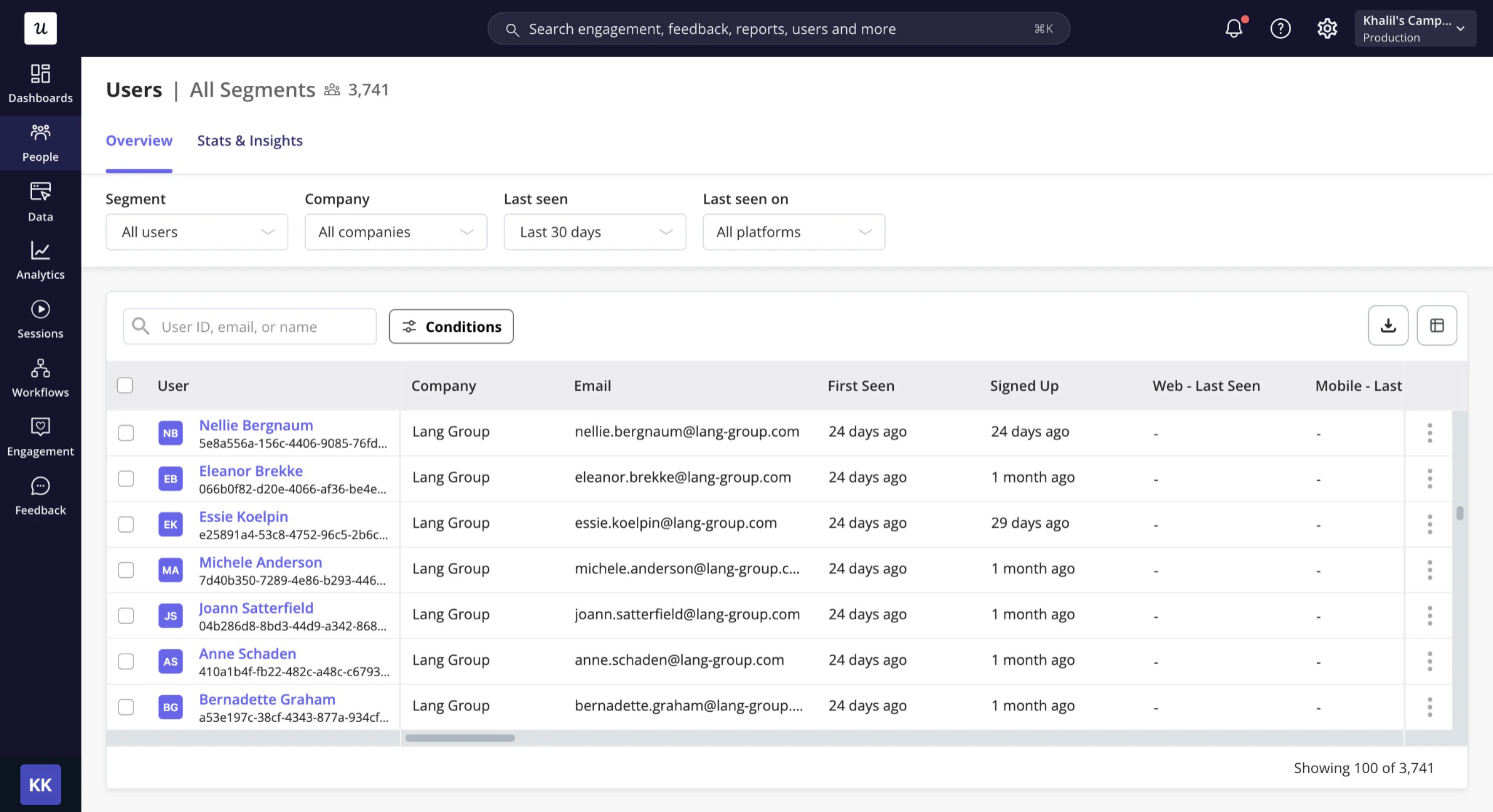 All Segments view in the Users dashboard