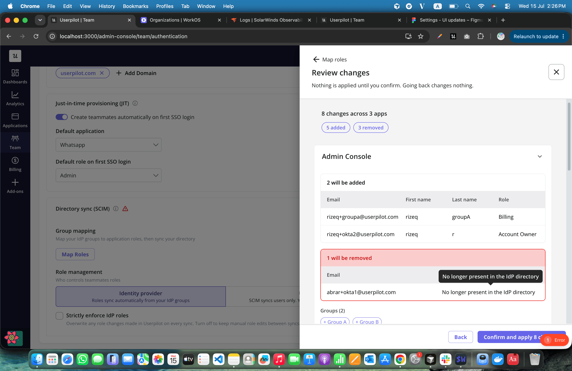 SCIM change preview showing additions, role changes, and removals before they are applied