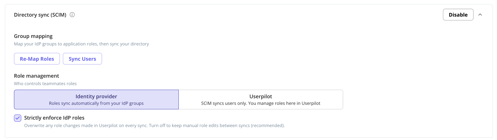 Role management mode cards: Identity provider and Userpilot, with the Strictly enforce IdP roles option