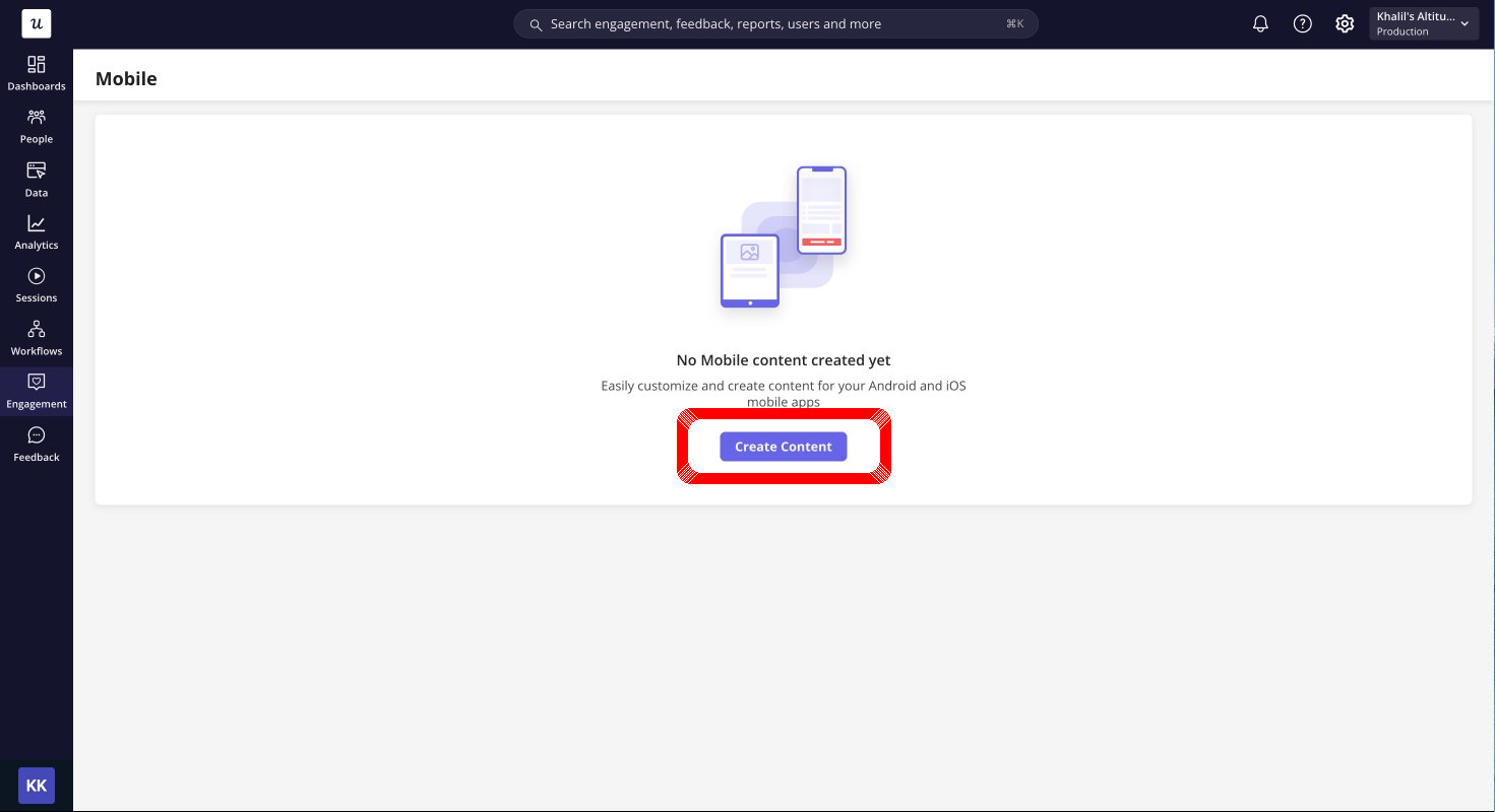 Mobile empty state with the Create Content button