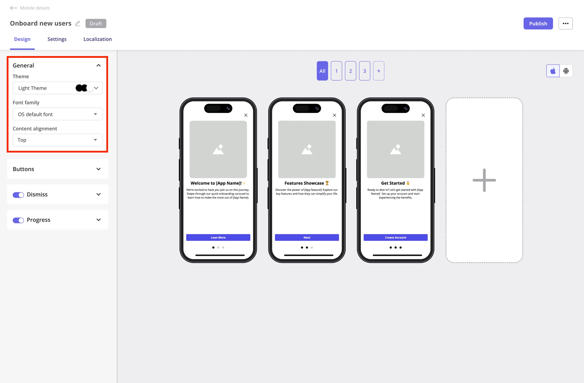 Design tab with the General section highlighted (Theme, Font family, Content alignment)